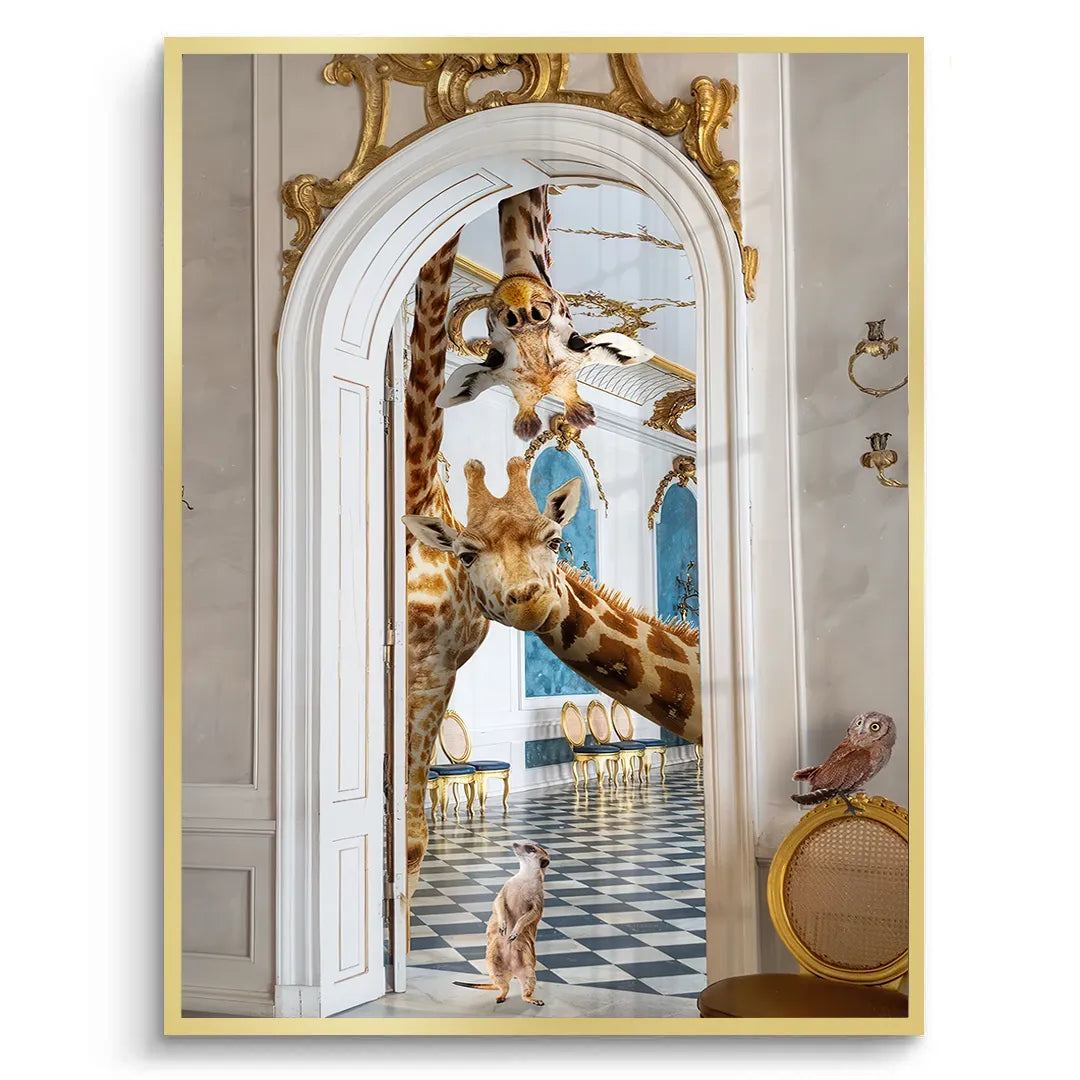 Gold-framed fine art print of two giraffes and a meerkat peeking through a palace doorway.