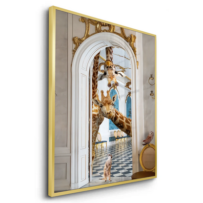 Angled view of the gold-framed giraffe fine art print, showcasing the ornate arch and gold frame edge.
