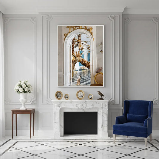 Elegant living room with a white fireplace and the framed giraffe in palace fine art print.