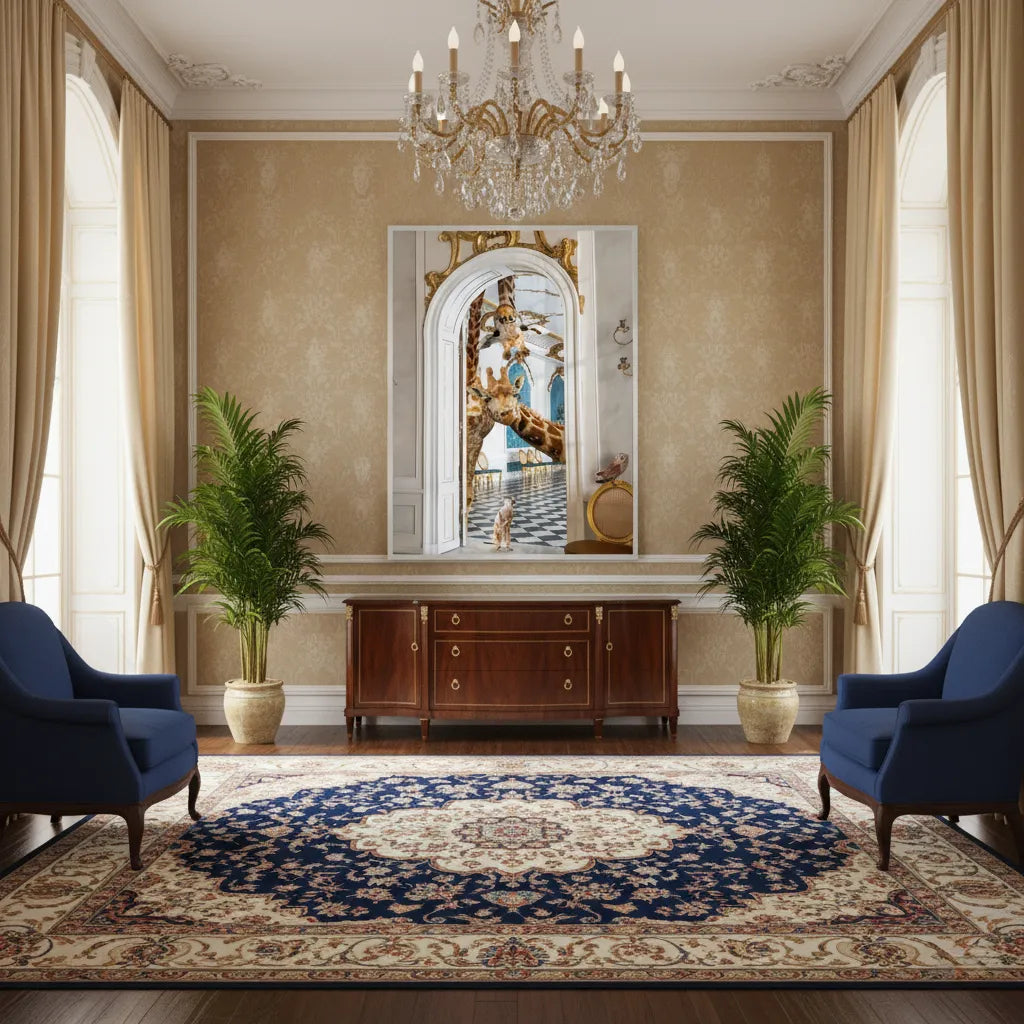 2Grand gold and beige formal room with the framed giraffe in palace fine art above a wooden console.