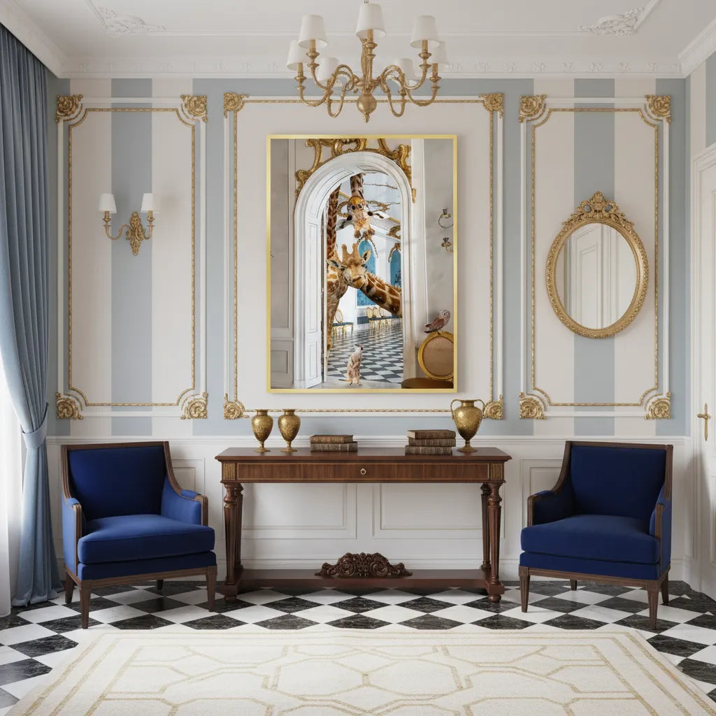 2Elegant blue and white hallway with the framed giraffe fine art hung over a console table.