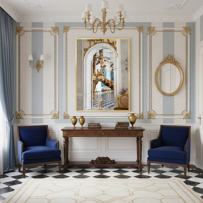 Elegant blue and white hallway with the framed giraffe fine art hung over a console table.