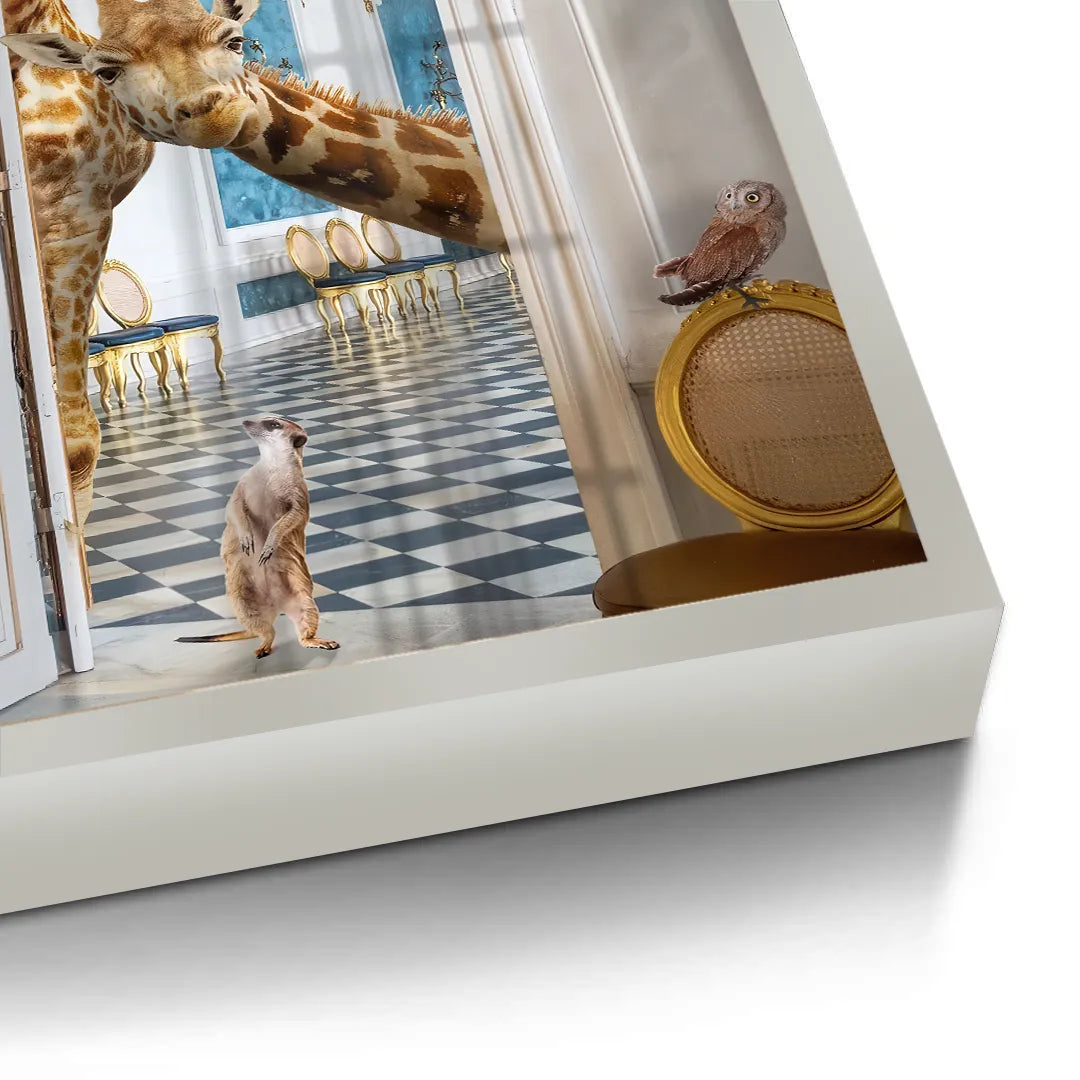 Detailed corner close-up of the meerkat and giraffe fine art, highlighting the paper texture and white frame edge.