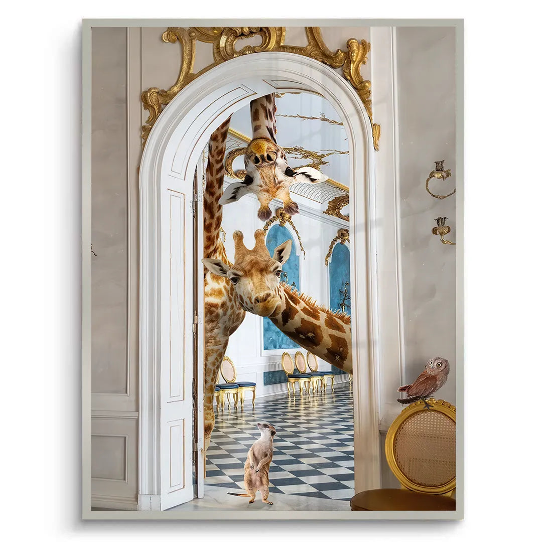 2Silver framed fine art print of giraffe peeking through an ornate doorway in a luxurious interior setting