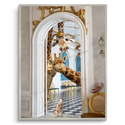 Silver framed fine art print of giraffe peeking through an ornate doorway in a luxurious interior setting