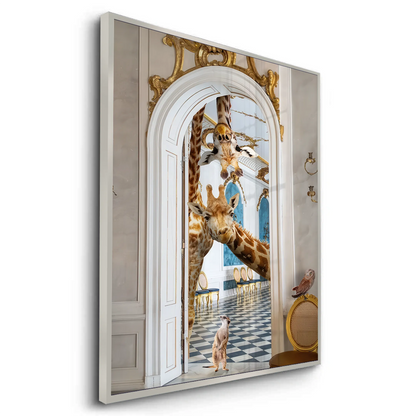 Angled perspective of the surreal giraffe fine art print framed in white, showing the ornate gold arch.