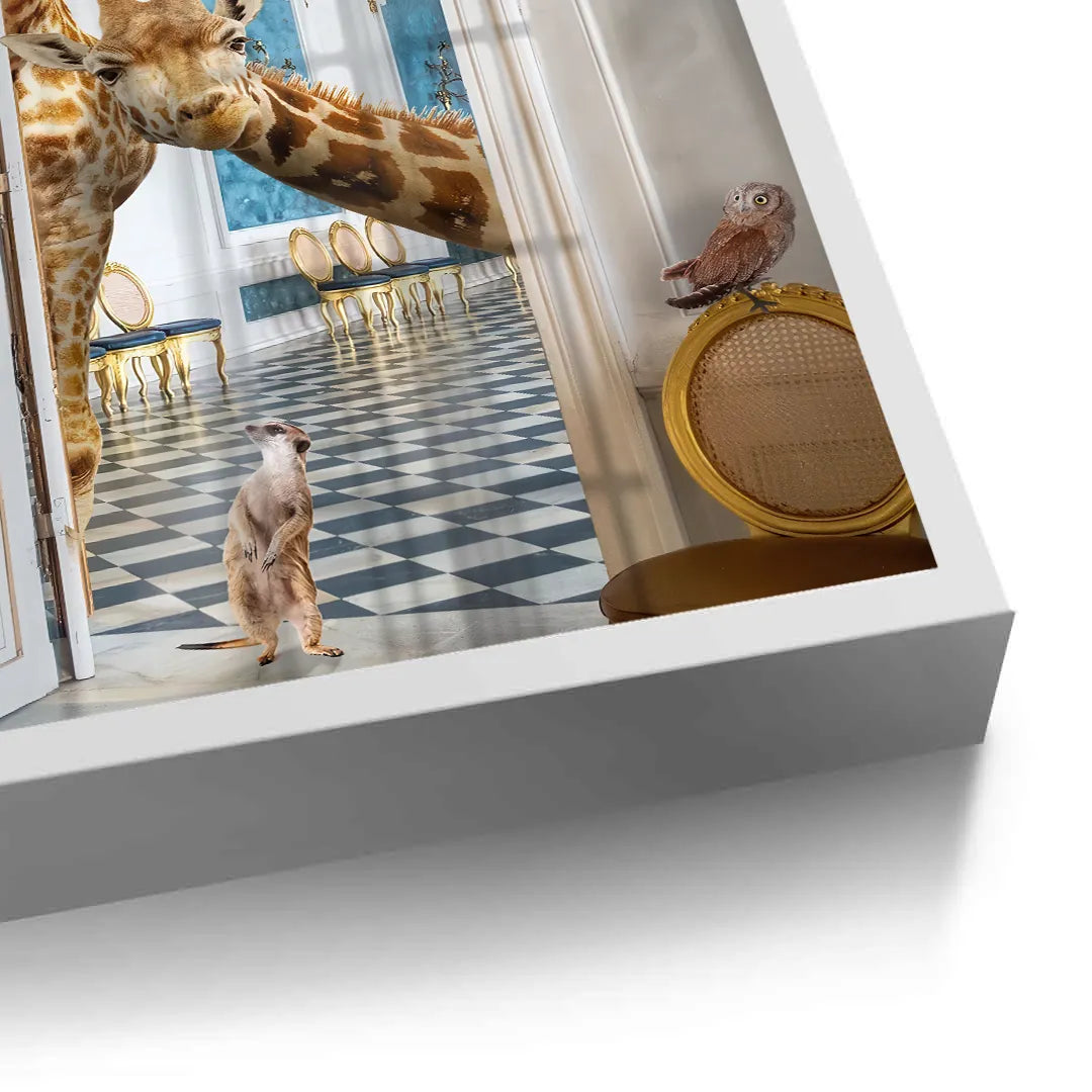 Close-up of the meerkat and giraffe fine art print, showing the texture and the white frame edge.