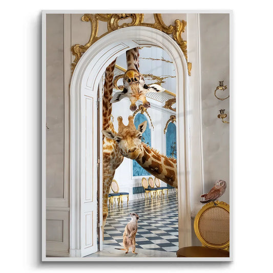 White framed fine art print of two giraffes and a meerkat peeking through a gold ornate palace doorway.