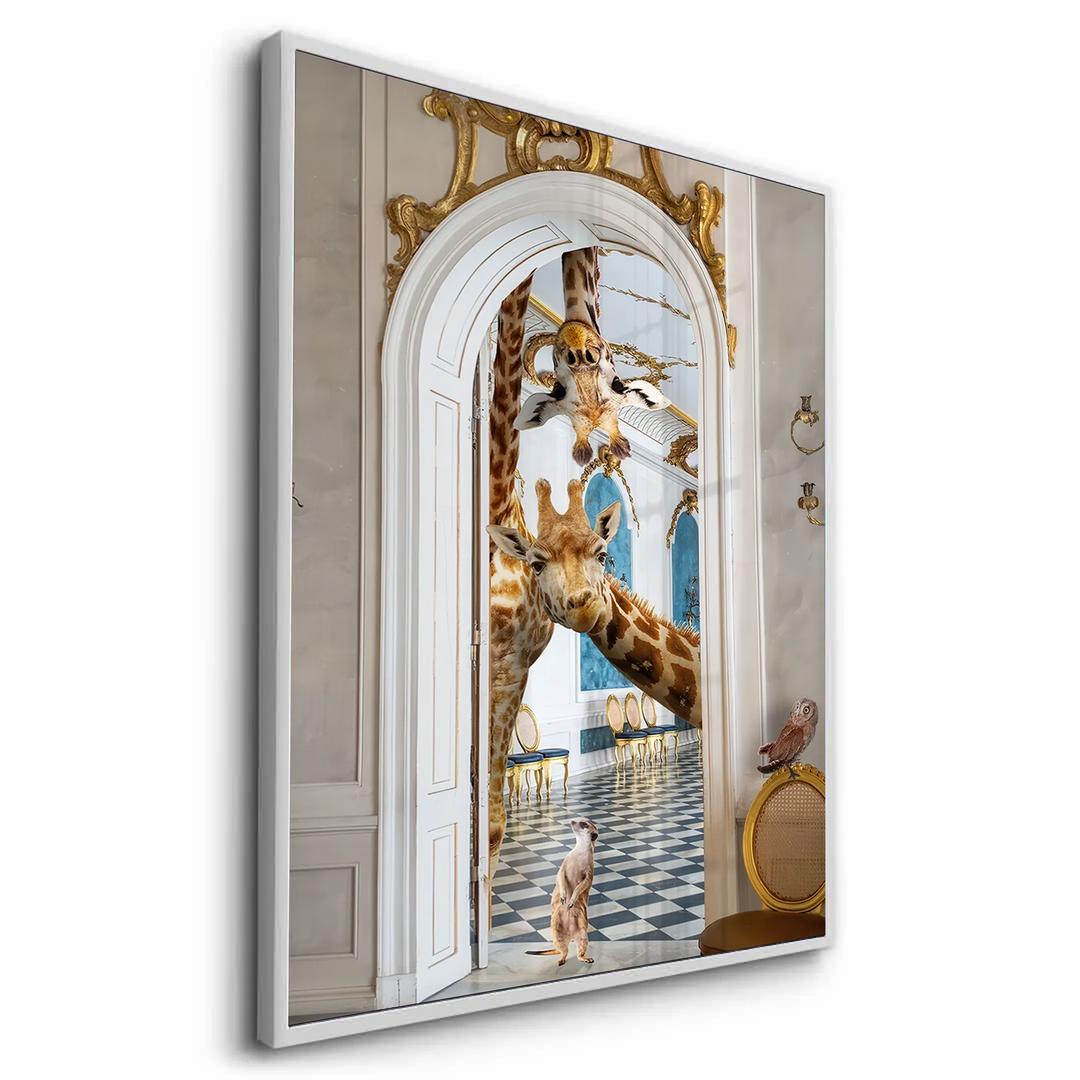 Angled perspective of the surreal giraffe fine art in a white frame.
