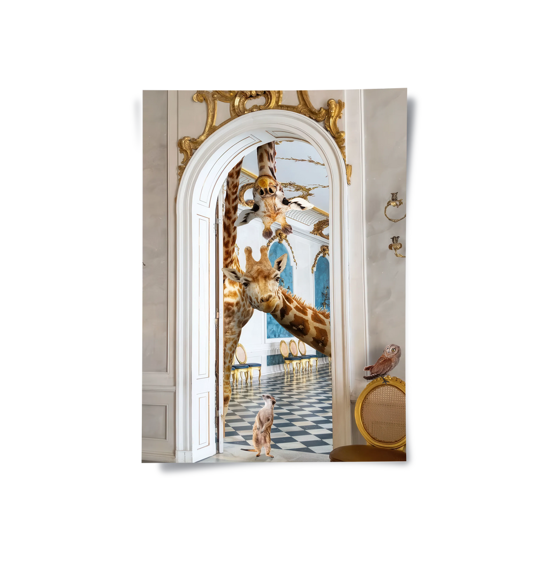 Surreal poster art of two giraffes and a meerkat peeking through a gold and white palace doorway.