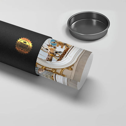 Rolled giraffes in palace poster being removed from a black premium quality shipping tube.