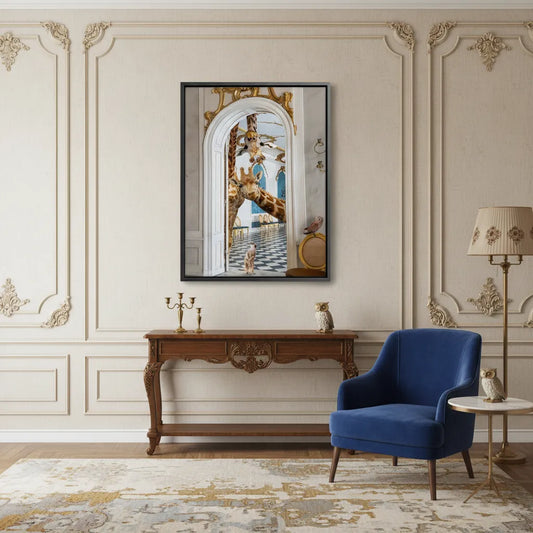 Elegant living room with blue accent chair and the framed giraffe canvas art above a dark console table.