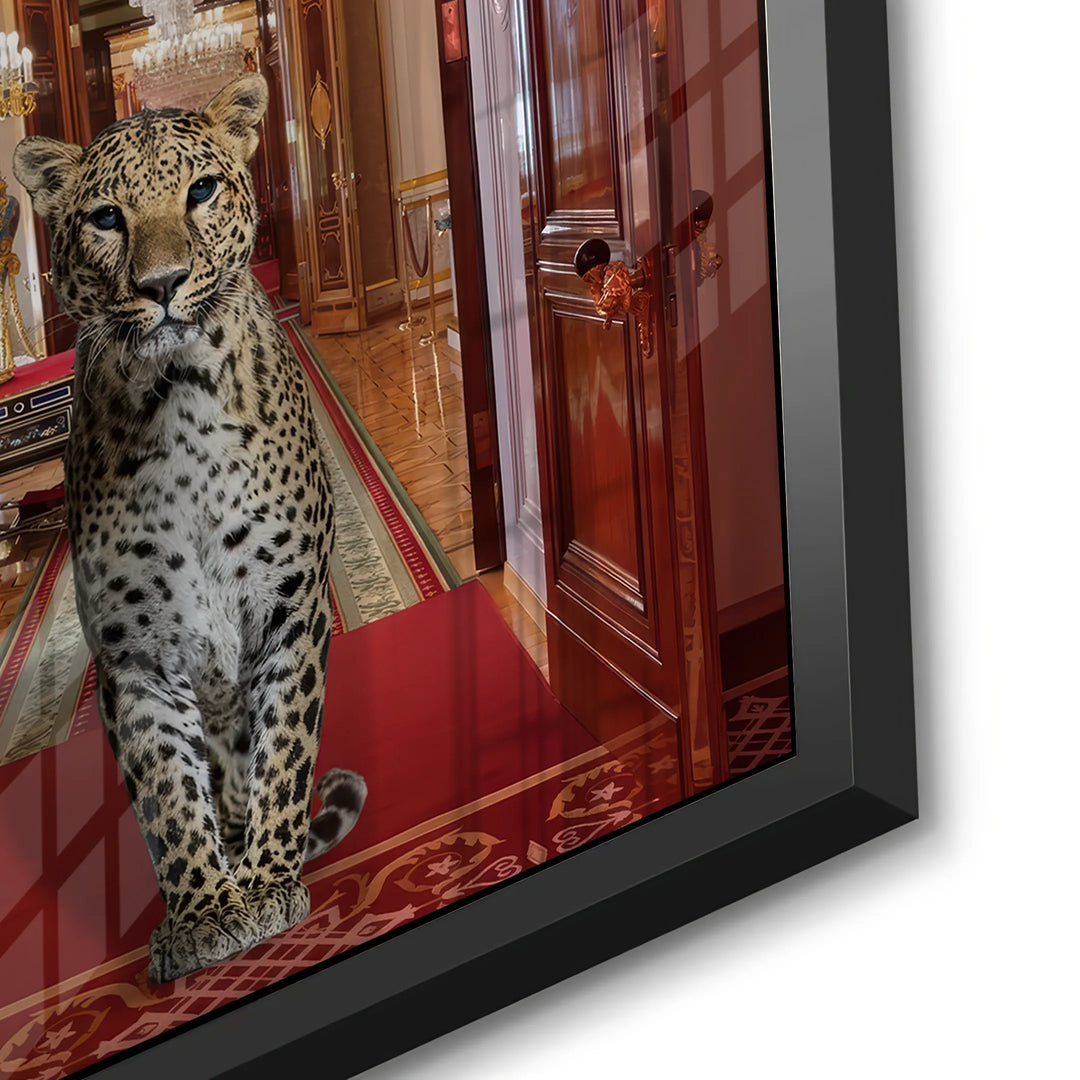 Close-up of the leopard and the reflective surface of the black framed acrylic panel art.