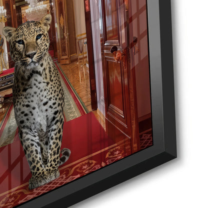 Close-up of the leopard and the reflective surface of the black framed acrylic panel art.