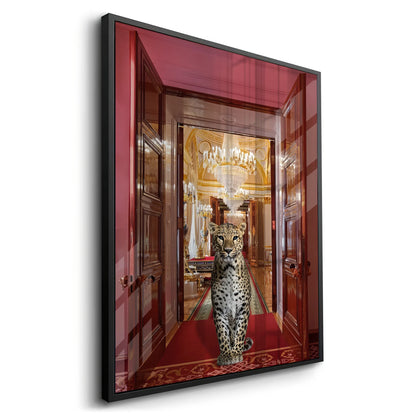 Detailed corner view of the leopard in palace acrylic art print with a thick black frame.