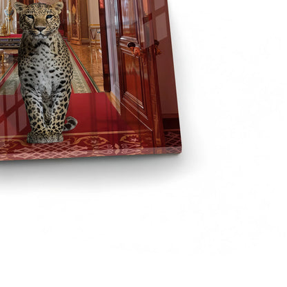 Close-up of the leopard on a red carpet, showcasing the high-gloss finish of the acrylic art print.
