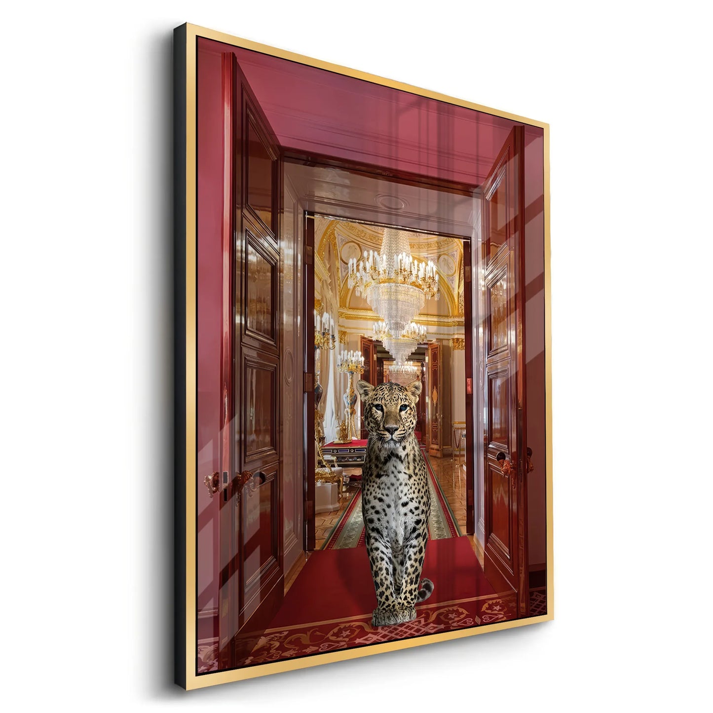 2Angled view of the gold-framed acrylic art print with the leopard between grand red wooden doors.