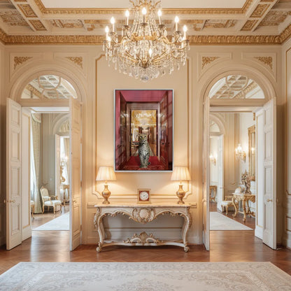 Elegant white and gold entryway with the framed leopard palace art hung above a console table.