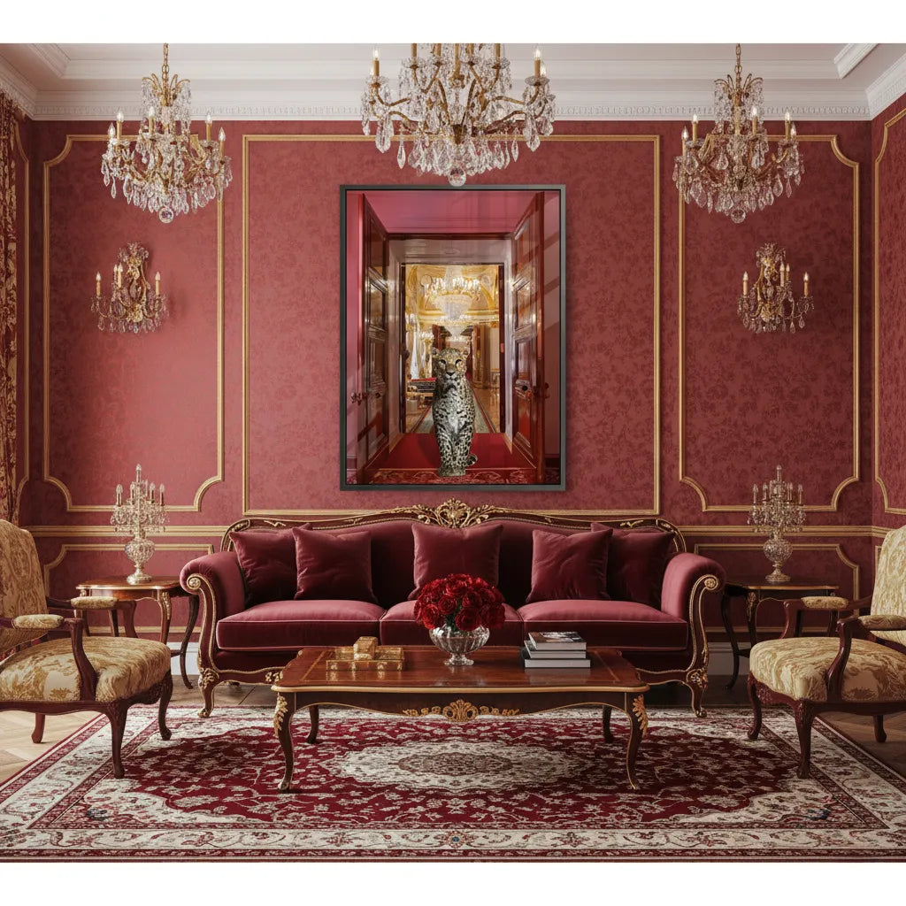 Formal red and gold living room mockup with the leopard acrylic wall art centrally displayed.