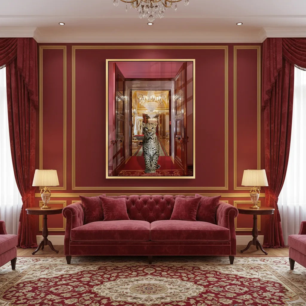 Luxurious red and gold formal living room with the framed leopard acrylic print centered over the sofa.