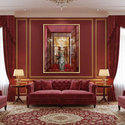 Luxurious red and gold formal living room with the framed leopard acrylic print centered over the sofa.