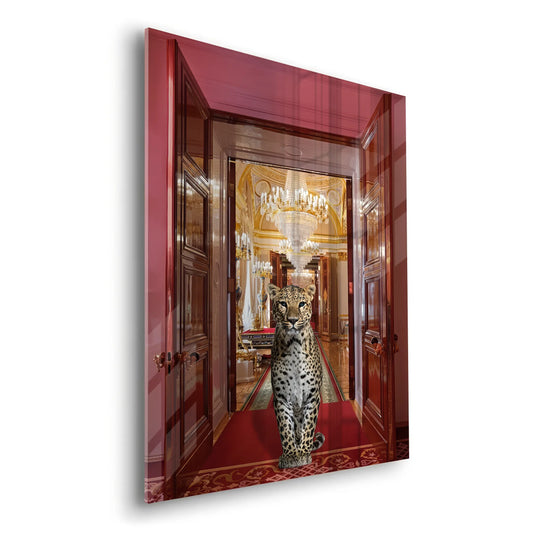 Angled view of a glossy acrylic print featuring a leopard in a lavish red and gold palace doorway.