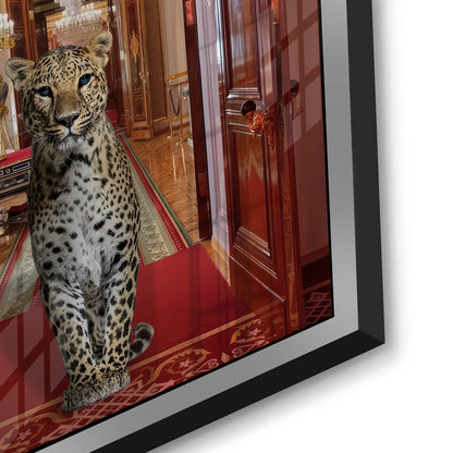 Angled perspective of the leopard in palace acrylic art, highlighting the glossy finish and thick silver frame.