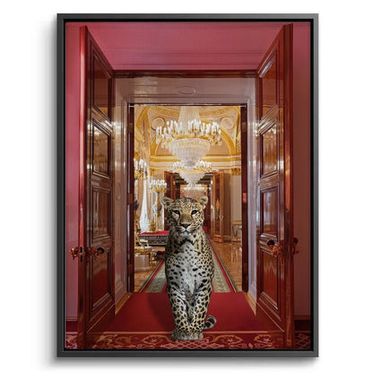 Black-framed canvas print featuring a leopard in the red and gold palace hall entryway.