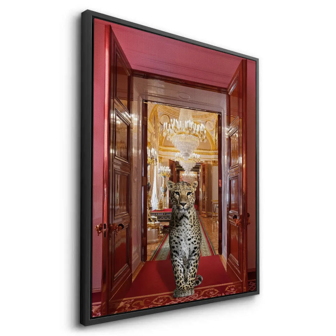 Angled perspective of the leopard in palace canvas art, highlighting the stretched canvas and black frame.