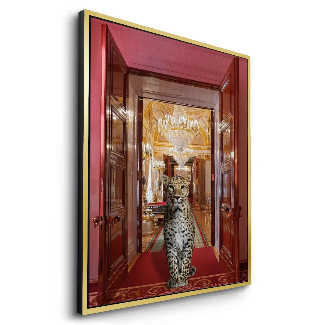 Dynamic angled view of the gold-framed canvas art, featuring the leopard and the red palace doorway.