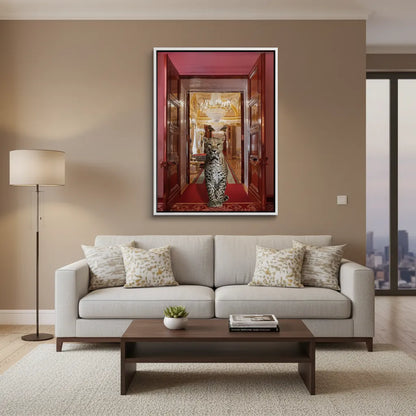 Neutral living room setting with the leopard palace canvas art centered above a light beige sofa.