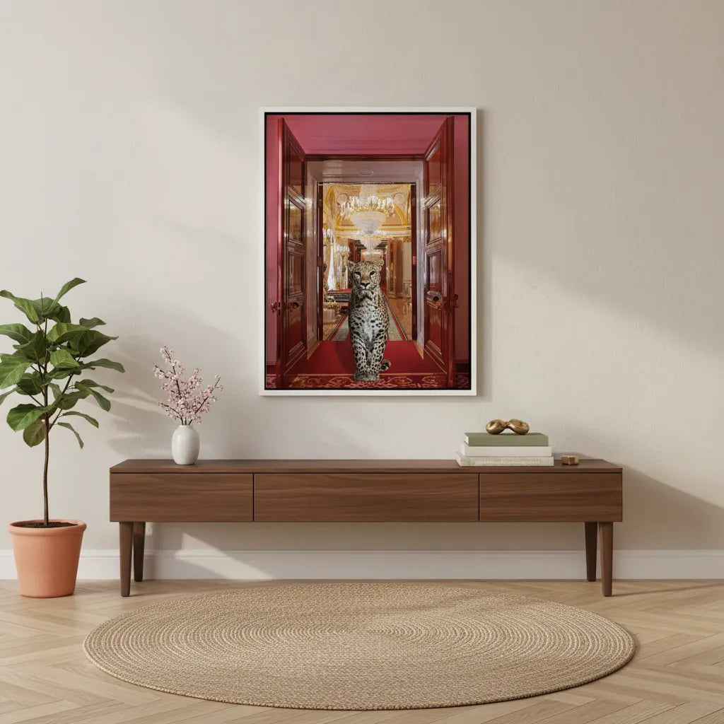 2Modern living room with a low console table and the framed leopard canvas art centered above it.