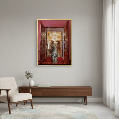 Cozy reading nook with a chair and the gold-framed leopard canvas print above a dark cabinet.