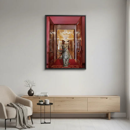 Minimalist white room decor with the framed leopard in palace canvas print above a light wood console.