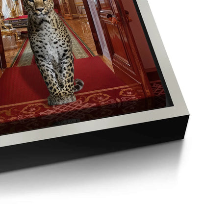 Detailed corner close-up of the leopard canvas print with a silver frame edge.