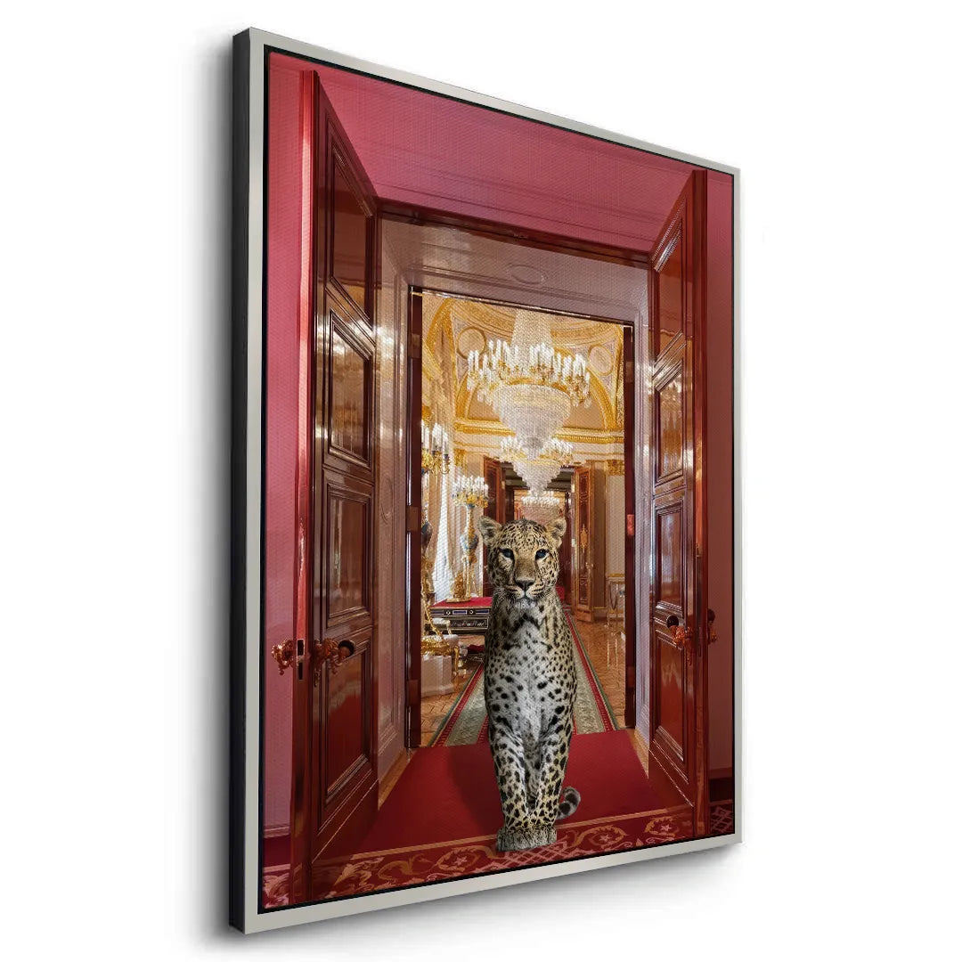 Angled view of the canvas wall art of the leopard, featuring a sleek metallic silver frame.