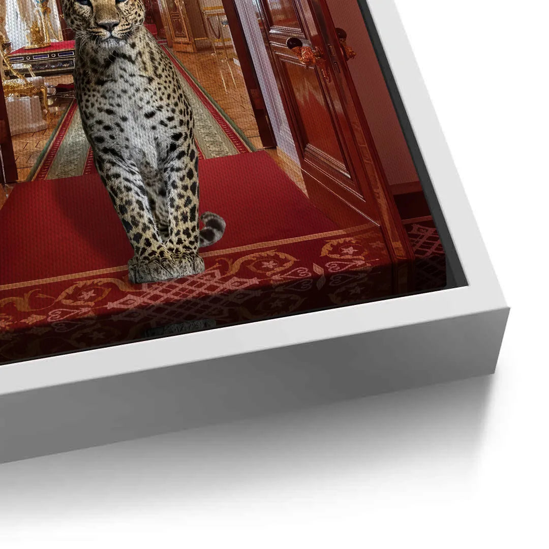 Detailed corner close-up of the leopard canvas print with a white frame edge.