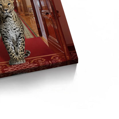 Close-up of the leopard on the red carpet, showcasing the texture and stretched canvas edge.
