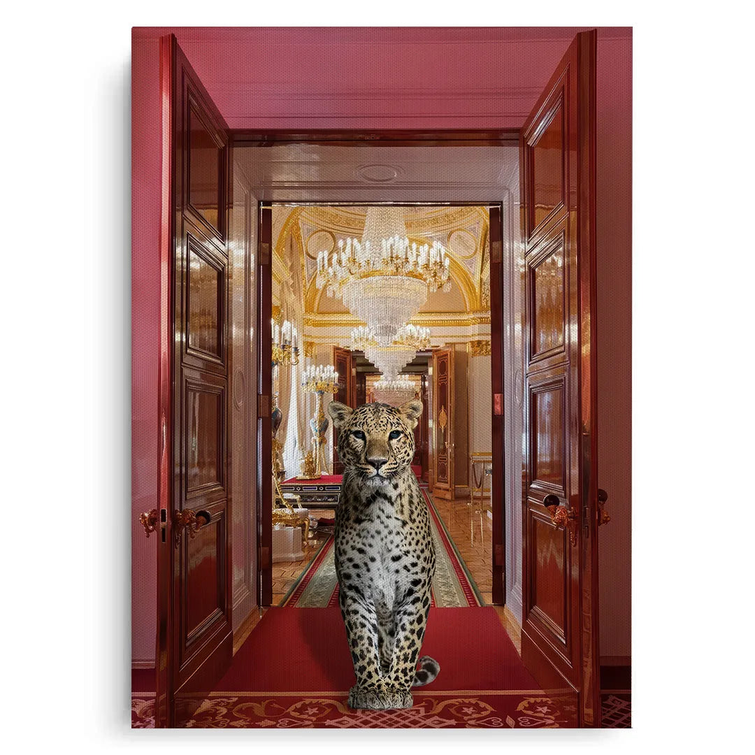 2Unframed canvas print of a leopard standing on a red palace carpet between two open doors.