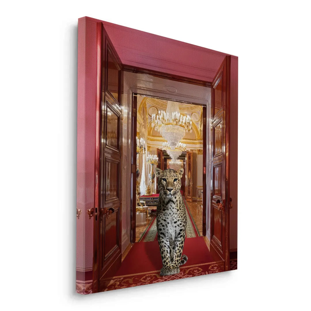 2Angled perspective of the leopard in palace canvas print.