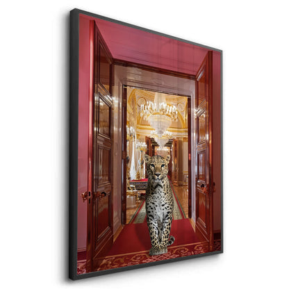 Angled view of the leopard fine art print, framed in a sleek black frame.