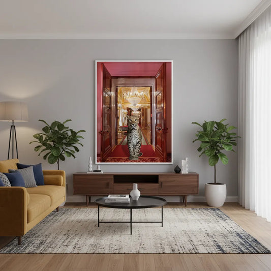Modern living room decor with the framed leopard in palace fine art print over a coffee table.