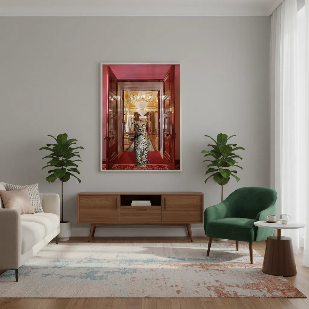 2Minimalist living space with a green armchair and the framed leopard fine art print above a console.