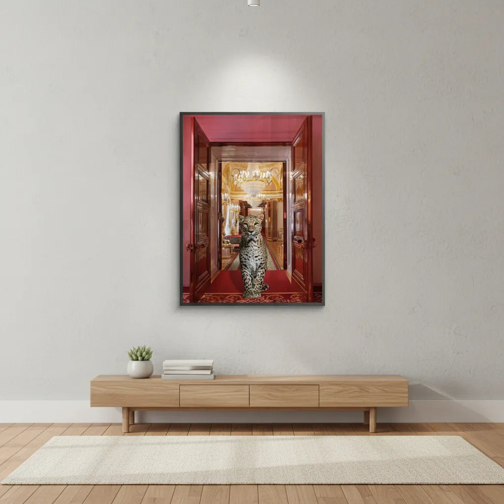2Minimalist white room decor with the leopard palace fine art print above a low wooden console.
