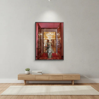 Minimalist white room decor with the leopard palace fine art print above a low wooden console.