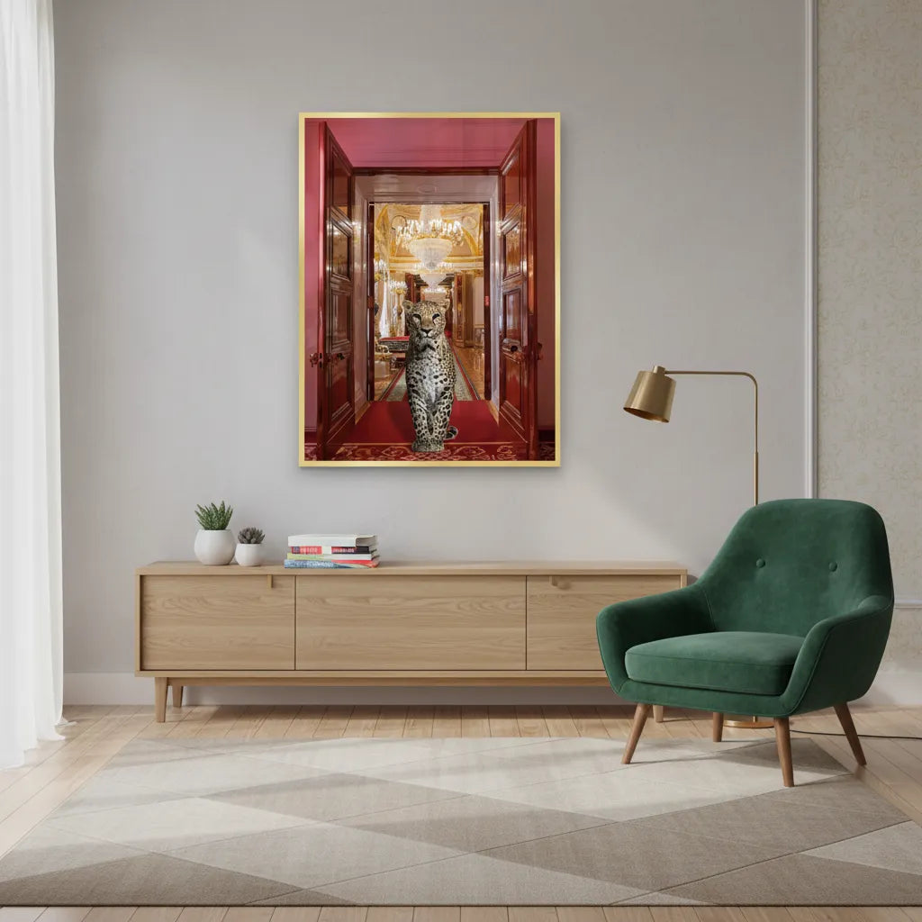 2Bright, modern living room setup showcasing the gold-framed leopard fine art above a light wood console.
