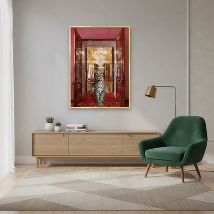 Bright, modern living room setup showcasing the gold-framed leopard fine art above a light wood console.