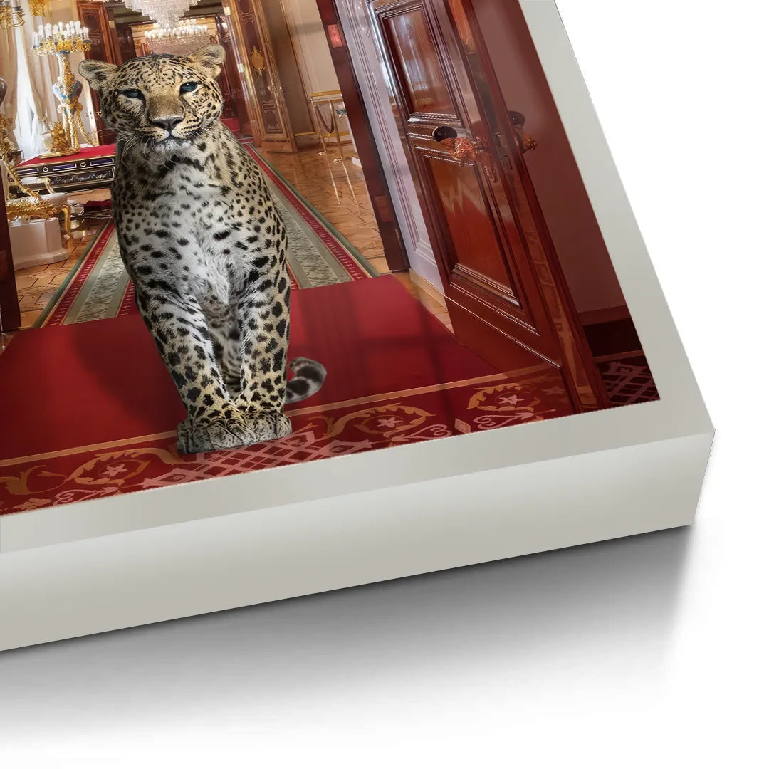 Detailed corner close-up of the leopard fine art print, showing the edge of the white frame.