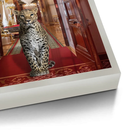 Detailed corner close-up of the leopard fine art print, showing the edge of the white frame.