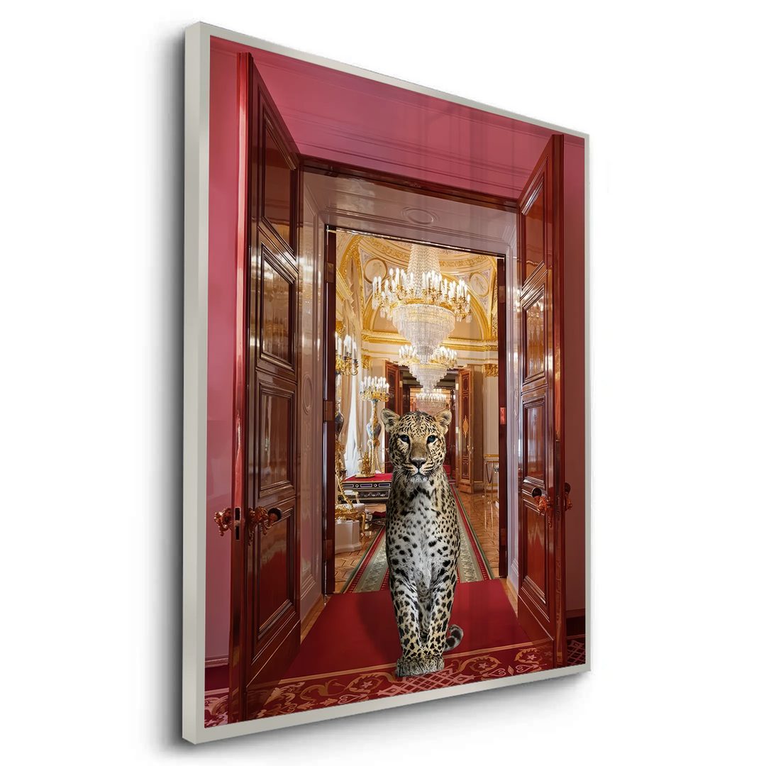 Angled view of the leopard in palace fine art print with a white frame.